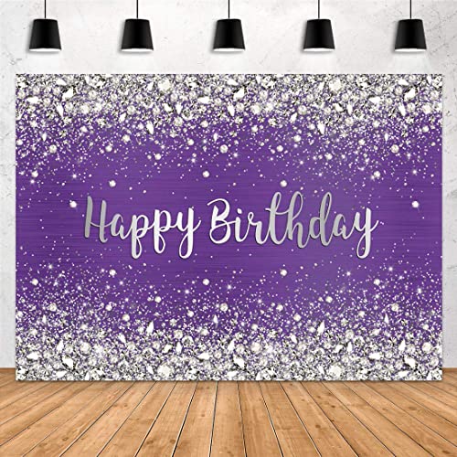 Aperturee 7x5ft Glitter Purple Diamonds Happy Birthday Backdrop Shinning Silver Bokeh Dots Women Girls Photography Background Sweet 16 Party Decorations Cake Table Banner Supplies Photo Booth Studio