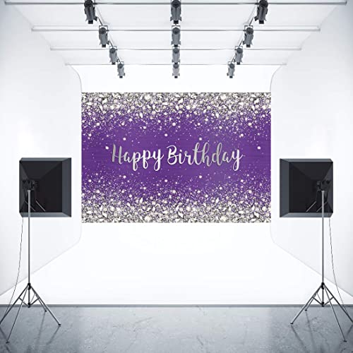 Aperturee 7x5ft Glitter Purple Diamonds Happy Birthday Backdrop Shinning Silver Bokeh Dots Women Girls Photography Background Sweet 16 Party Decorations Cake Table Banner Supplies Photo Booth Studio