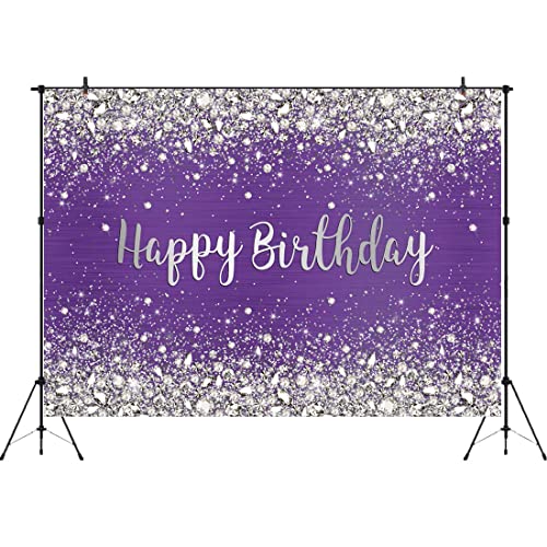 Aperturee 7x5ft Glitter Purple Diamonds Happy Birthday Backdrop Shinning Silver Bokeh Dots Women Girls Photography Background Sweet 16 Party Decorations Cake Table Banner Supplies Photo Booth Studio