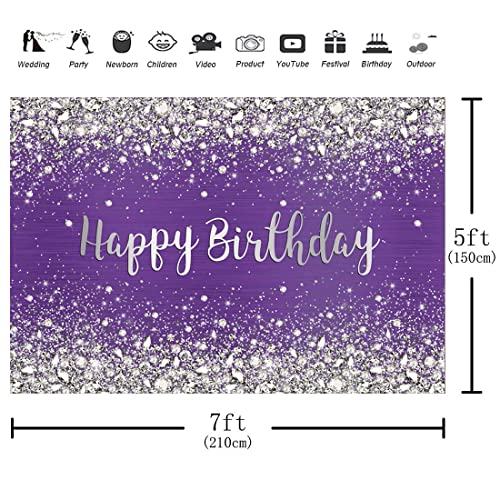 Aperturee 7x5ft Glitter Purple Diamonds Happy Birthday Backdrop Shinning Silver Bokeh Dots Women Girls Photography Background Sweet 16 Party Decorations Cake Table Banner Supplies Photo Booth Studio