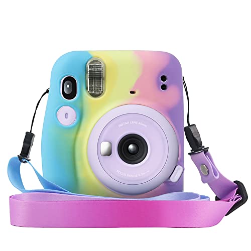 CAIYOULE Protective Silicone Case for Fujifilm Instax Mini 11 Camera with Gradient Adjustable Detachable Shoulder Strap - Iridescent Dark Blue