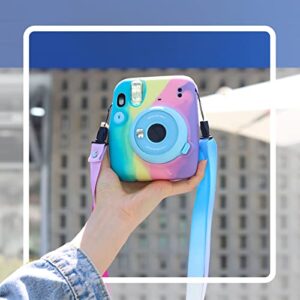 CAIYOULE Protective Silicone Case for Fujifilm Instax Mini 11 Camera with Gradient Adjustable Detachable Shoulder Strap - Iridescent Dark Blue