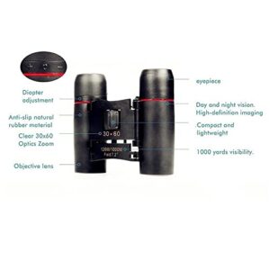 30x60 Portable Mini Binoculars, Wide View Angle Folding Binoculars Telescope with Low Light Night Vision for Outdoor Bird Watching Camping Hiking Traveling