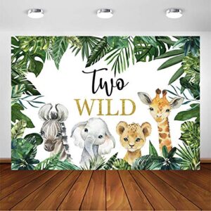 Avezano Two Wild Backdrop for Boy Birthday Party Jungle Safari Animals Zoo Green Leaves Photography Background Two Wild Boy 2nd Second Birthday Party Photoshoot Decoration Banner (7x5ft)