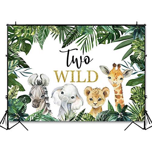 Avezano Two Wild Backdrop for Boy Birthday Party Jungle Safari Animals Zoo Green Leaves Photography Background Two Wild Boy 2nd Second Birthday Party Photoshoot Decoration Banner (7x5ft)