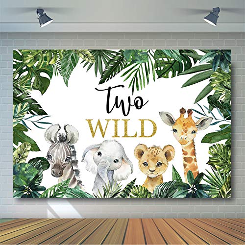 Avezano Two Wild Backdrop for Boy Birthday Party Jungle Safari Animals Zoo Green Leaves Photography Background Two Wild Boy 2nd Second Birthday Party Photoshoot Decoration Banner (7x5ft)