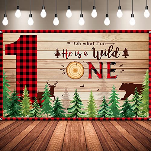 Lumberjack Backdrop Banner Wild One Baby Shower Forest Background Boys 1st First Birthday Photography Photo Prop Red Black Buffalo Plaid Lumberjack Themed Party Decoration 6 x 3.6 Feet