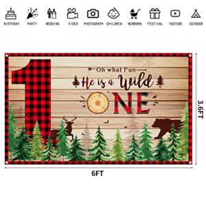 Lumberjack Backdrop Banner Wild One Baby Shower Forest Background Boys 1st First Birthday Photography Photo Prop Red Black Buffalo Plaid Lumberjack Themed Party Decoration 6 x 3.6 Feet