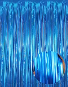 goer 6.4 ft x 9.8 ft metallic tinsel foil fringe curtains,pack of 2 party streamer backdrop for birthday,graduation decorations and new year eve (matte blue)