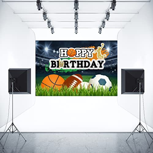 Aperturee 7x5ft Ball Sports Happy Birthday Backdrop Kids Boys Stadium Game Lawn Photography Background Baseball Football Basketball Rugby Portrait Party Decoration Cake Table Photo Studio Booth Prop