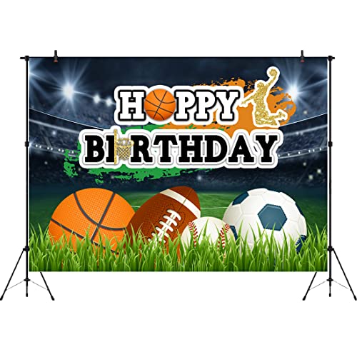 Aperturee 7x5ft Ball Sports Happy Birthday Backdrop Kids Boys Stadium Game Lawn Photography Background Baseball Football Basketball Rugby Portrait Party Decoration Cake Table Photo Studio Booth Prop