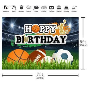 Aperturee 7x5ft Ball Sports Happy Birthday Backdrop Kids Boys Stadium Game Lawn Photography Background Baseball Football Basketball Rugby Portrait Party Decoration Cake Table Photo Studio Booth Prop