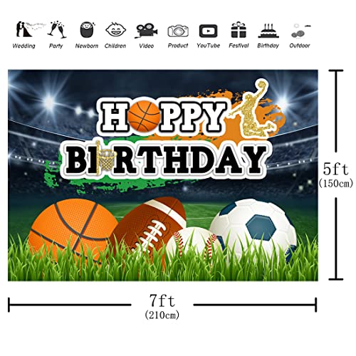 Aperturee 7x5ft Ball Sports Happy Birthday Backdrop Kids Boys Stadium Game Lawn Photography Background Baseball Football Basketball Rugby Portrait Party Decoration Cake Table Photo Studio Booth Prop