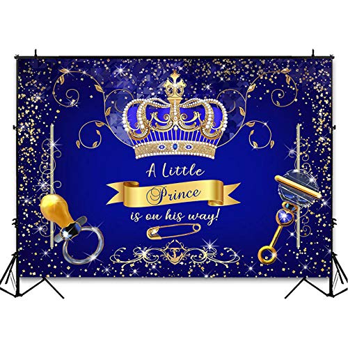 Avezano Royal Prince Baby Shower Backdrop for Party Decorations Royal Blue Gold Crown Little Prince Baby Shower Photoshoot Photography Background (7x5ft)