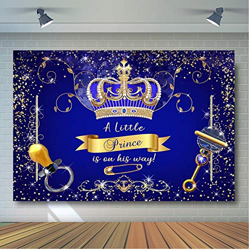 Avezano Royal Prince Baby Shower Backdrop for Party Decorations Royal Blue Gold Crown Little Prince Baby Shower Photoshoot Photography Background (7x5ft)