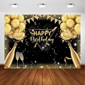 avezano black gold birthday backdrop for adult men woman party decorations surprise balloon champagne glitter black and gold happy birthday party banner photoshoot photography background (7x5ft)