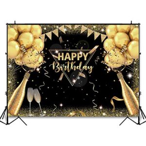 Avezano Black Gold Birthday Backdrop for Adult Men Woman Party Decorations Surprise Balloon Champagne Glitter Black and Gold Happy Birthday Party Banner Photoshoot Photography Background (7x5ft)