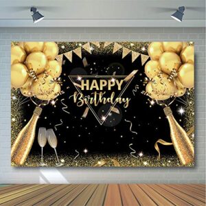 Avezano Black Gold Birthday Backdrop for Adult Men Woman Party Decorations Surprise Balloon Champagne Glitter Black and Gold Happy Birthday Party Banner Photoshoot Photography Background (7x5ft)
