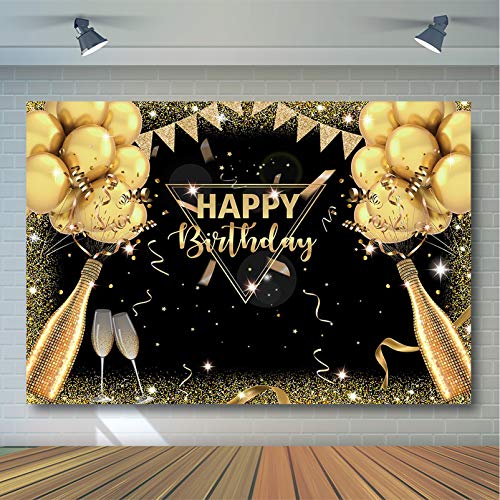 Avezano Black Gold Birthday Backdrop for Adult Men Woman Party Decorations Surprise Balloon Champagne Glitter Black and Gold Happy Birthday Party Banner Photoshoot Photography Background (7x5ft)