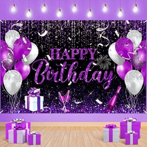 black purple and silver birthday decoration banner, large happy birthday banner for girls women men purple and black birthday theme party backdrop for birthday background, 71x 43.3 inches