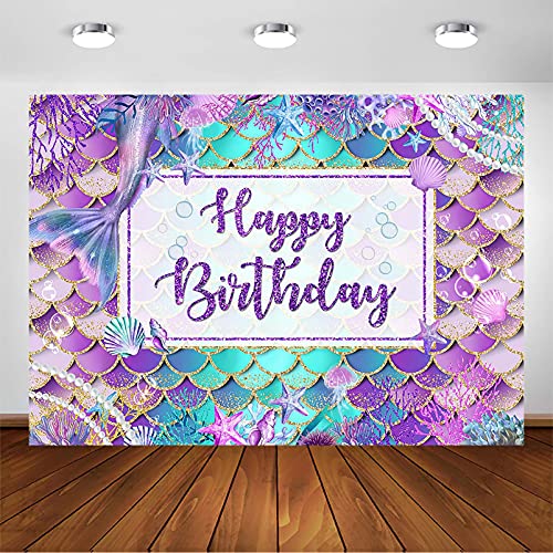 Avezano Mermaid Birthday Backdrop for Girl Under The Sea Bday Party Photography Background Glitter Purple Green Aqua Pink Mermaid Tail Birthday Party Decoration Photoshoot (7x5ft, Gold Glitter)