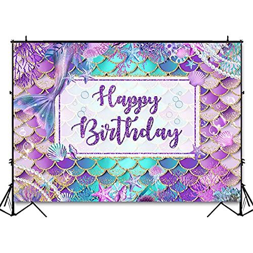 Avezano Mermaid Birthday Backdrop for Girl Under The Sea Bday Party Photography Background Glitter Purple Green Aqua Pink Mermaid Tail Birthday Party Decoration Photoshoot (7x5ft, Gold Glitter)