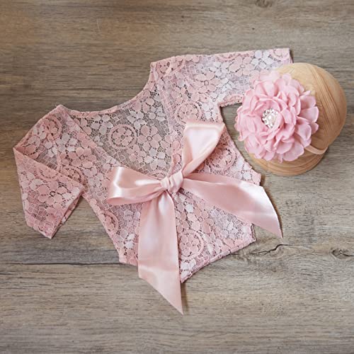 Zeroest Baby Photography Props Lace Newborn Girl Photo Shoot Outfits Hairband Set Infant Princess Costume (Pink)