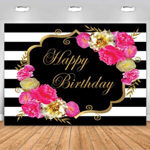 Sensfun 7x5ft Floral Happy Birthday Backdrop for Women Black White Stripes Watercolor Flowers Birthday Photography Background Fabulous 40th 50th 60th Birthday Party Decoration Backdrops