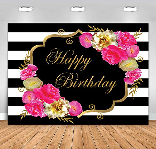 Sensfun 7x5ft Floral Happy Birthday Backdrop for Women Black White Stripes Watercolor Flowers Birthday Photography Background Fabulous 40th 50th 60th Birthday Party Decoration Backdrops