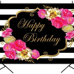 Sensfun 7x5ft Floral Happy Birthday Backdrop for Women Black White Stripes Watercolor Flowers Birthday Photography Background Fabulous 40th 50th 60th Birthday Party Decoration Backdrops