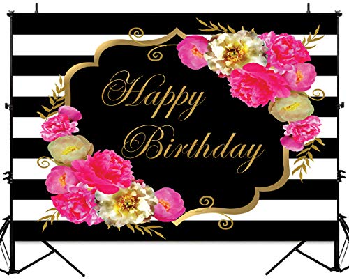 Sensfun 7x5ft Floral Happy Birthday Backdrop for Women Black White Stripes Watercolor Flowers Birthday Photography Background Fabulous 40th 50th 60th Birthday Party Decoration Backdrops