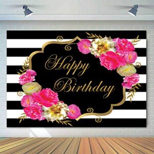 Sensfun 7x5ft Floral Happy Birthday Backdrop for Women Black White Stripes Watercolor Flowers Birthday Photography Background Fabulous 40th 50th 60th Birthday Party Decoration Backdrops