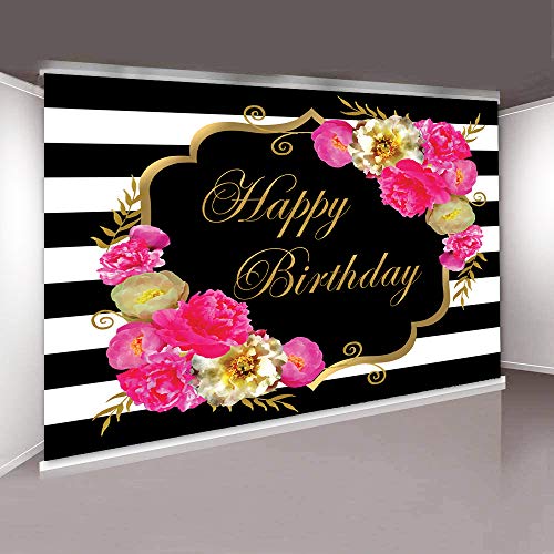 Sensfun 7x5ft Floral Happy Birthday Backdrop for Women Black White Stripes Watercolor Flowers Birthday Photography Background Fabulous 40th 50th 60th Birthday Party Decoration Backdrops