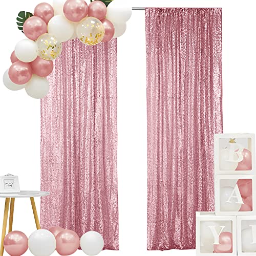 Hahuho Rose Pink Sequin Backdrop Curtain, 2PCS 2FTx8FT Glitter Backdrop Curtain for Parties, Christmas, Wedding, Banquet Decoration（2 Panels, 2FT x 8FT, Rose Pink）