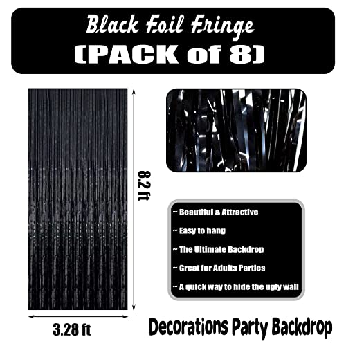 8 Pack Black Tinsel Foil Fringe Curtain Backdrop, 3.28Ft x 8.2Ft Metallic Streamers for Photo Booth Birthday Wedding Bridal Shower Bachelorette Mardi Gras New Year Party Valentine's Day Decorations