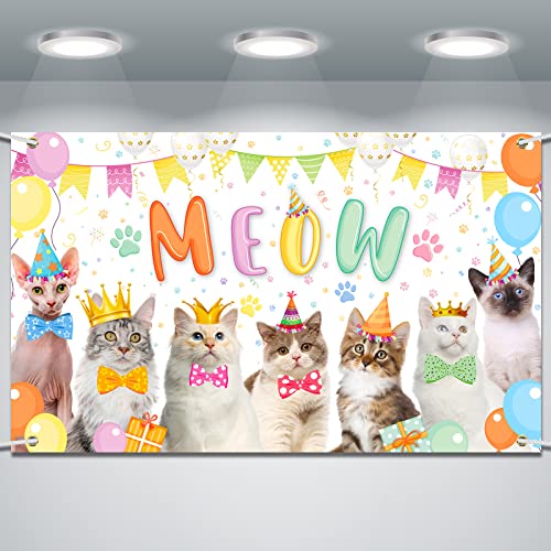 Cat Happy Birthday Backdrop Meow Kitten Photography Background Cat Birthday Party Supplies Cat Party Decorations Photo Backdrop for Pets Cat Owner Children Kids Cat Theme Birthday Party