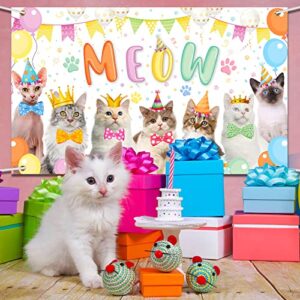 Cat Happy Birthday Backdrop Meow Kitten Photography Background Cat Birthday Party Supplies Cat Party Decorations Photo Backdrop for Pets Cat Owner Children Kids Cat Theme Birthday Party
