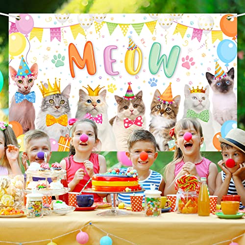 Cat Happy Birthday Backdrop Meow Kitten Photography Background Cat Birthday Party Supplies Cat Party Decorations Photo Backdrop for Pets Cat Owner Children Kids Cat Theme Birthday Party