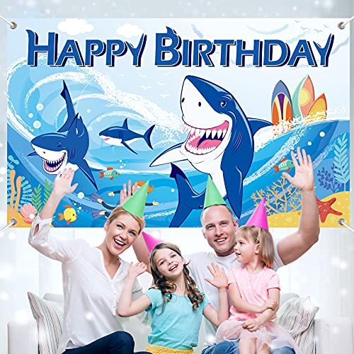 Shark Backdrop for Photo Booth, Shark Happy Birthday Banner, Shark Themed Under The Sea Background Birthday Sign Party Decorations Supplies for Boys Kids, 71 x 43 Inches