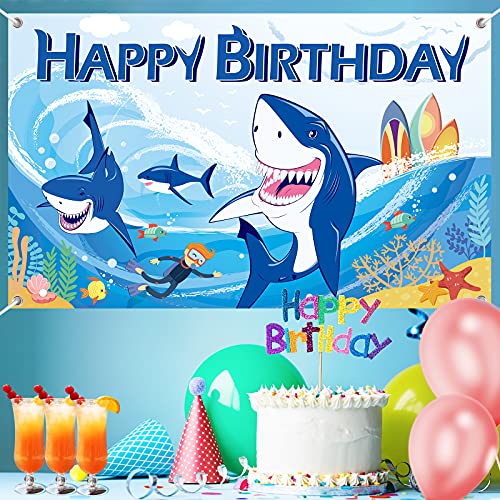 Shark Backdrop for Photo Booth, Shark Happy Birthday Banner, Shark Themed Under The Sea Background Birthday Sign Party Decorations Supplies for Boys Kids, 71 x 43 Inches