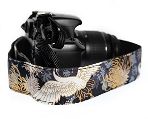 Art Tribute Black Camera Strap Crane Gold Foil Vintage Style For All DSLR Cameras. Embroidered, Universal Classic Neck & Shoulder Strap, Animal Pattern, Best Gift for Photographers Men & Women