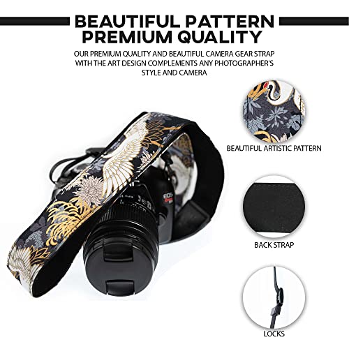 Art Tribute Black Camera Strap Crane Gold Foil Vintage Style For All DSLR Cameras. Embroidered, Universal Classic Neck & Shoulder Strap, Animal Pattern, Best Gift for Photographers Men & Women