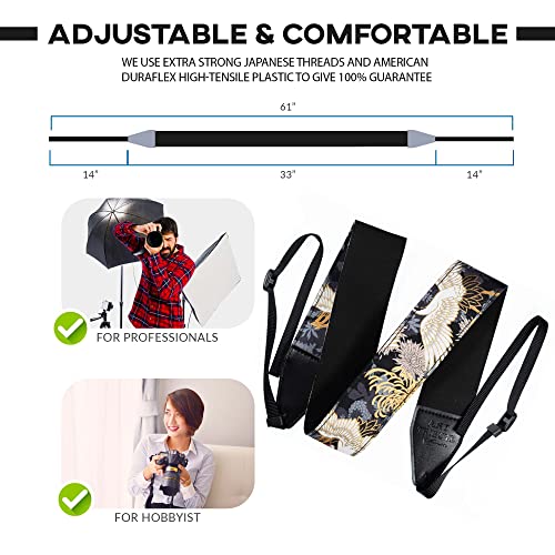 Art Tribute Black Camera Strap Crane Gold Foil Vintage Style For All DSLR Cameras. Embroidered, Universal Classic Neck & Shoulder Strap, Animal Pattern, Best Gift for Photographers Men & Women