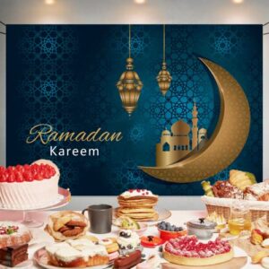 Ramadan Mubarak Backdrop Ramadan Kareem Banner Eid Mubarak Photography Background for Home Decorations Ramadan Party Supplies 70.8 x 47.2 Inch (Dark Blue)