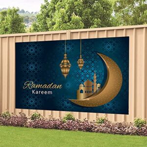 Ramadan Mubarak Backdrop Ramadan Kareem Banner Eid Mubarak Photography Background for Home Decorations Ramadan Party Supplies 70.8 x 47.2 Inch (Dark Blue)