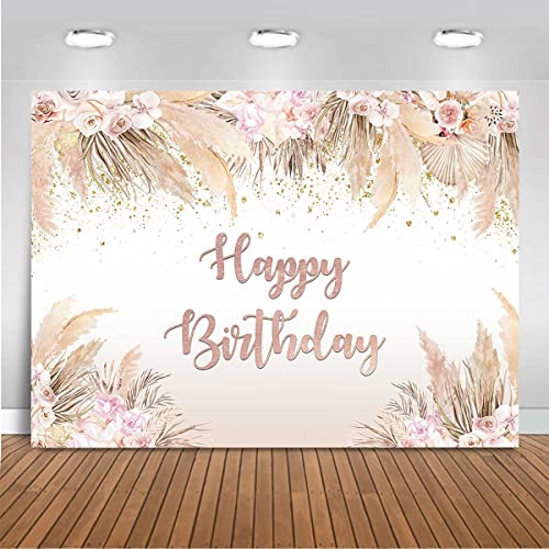 Mocsicka Boho Happy Birthday Backdrop Women Girls Boho Chic Pink Flowers Birthday Background Vinyl Bohemian Pampas Grass Party Cake Table Decorations Photo Booth (7x5ft)