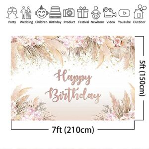 Mocsicka Boho Happy Birthday Backdrop Women Girls Boho Chic Pink Flowers Birthday Background Vinyl Bohemian Pampas Grass Party Cake Table Decorations Photo Booth (7x5ft)