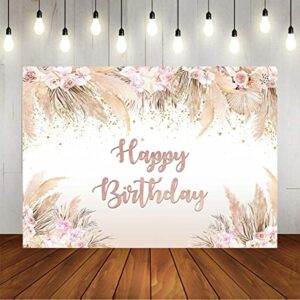 Mocsicka Boho Happy Birthday Backdrop Women Girls Boho Chic Pink Flowers Birthday Background Vinyl Bohemian Pampas Grass Party Cake Table Decorations Photo Booth (7x5ft)