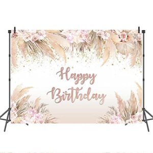 Mocsicka Boho Happy Birthday Backdrop Women Girls Boho Chic Pink Flowers Birthday Background Vinyl Bohemian Pampas Grass Party Cake Table Decorations Photo Booth (7x5ft)