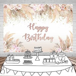 Mocsicka Boho Happy Birthday Backdrop Women Girls Boho Chic Pink Flowers Birthday Background Vinyl Bohemian Pampas Grass Party Cake Table Decorations Photo Booth (7x5ft)